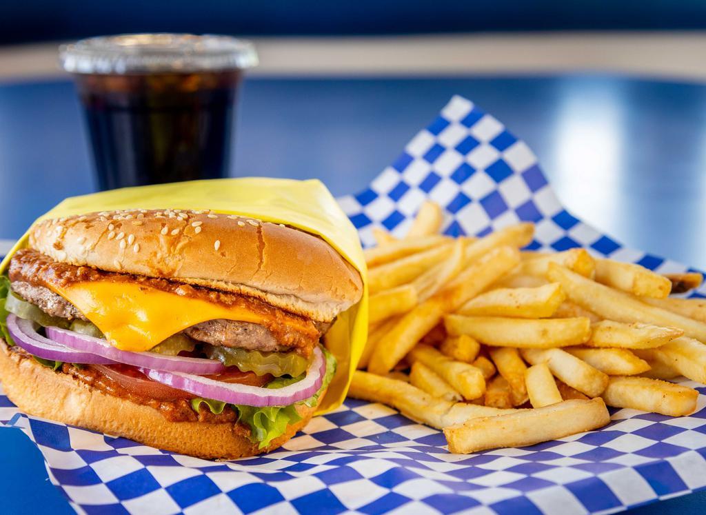 Chili Cheeseburger Combo · Sesame seed bun, hamburger patty, homemade chili, American cheese, lettuce, tomato, red onions, pickles, and 1000 Island dressing. Comes with French fries and a drink.