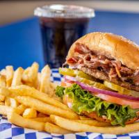 Colossal Burger Combo · Sesame seed bun, hamburger patty, juicy pastrami, lettuce, tomato, red onions, pickles, and ...