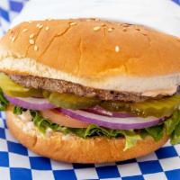 Hamburger · Sesame seed bun, hamburger patty, lettuce, tomato, red onions, pickles, and 1000 Island dres...