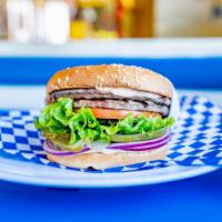 Double Burger · Sesame seed bun, double hamburger patty, lettuce, tomato, red onions, pickles, and 1000 Isla...