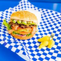 Avocado Bacon Cheeseburger · Sesame seed bun, hamburger patty, fresh avocado, crispy bacon, American cheese, lettuce, tom...
