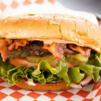 Bacon Burger · Sesame seed bun, hamburger patty, crispy bacon, lettuce, tomato, red onions, pickles, and 10...