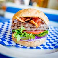 Double Bacon Burger · Sesame seed bun with double patty and bacon. 1000 Island Dressing, lettuce, tomato, onions, ...