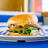 Junior Cheeseburger · Junior bun, hamburger patty, American cheese, lettuce, tomato, pickles and our signature 100...