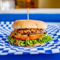Junior Chili Burger · Junior bun, hamburger patty, freshly-made chili, lettuce, tomato, pickles and our signature ...