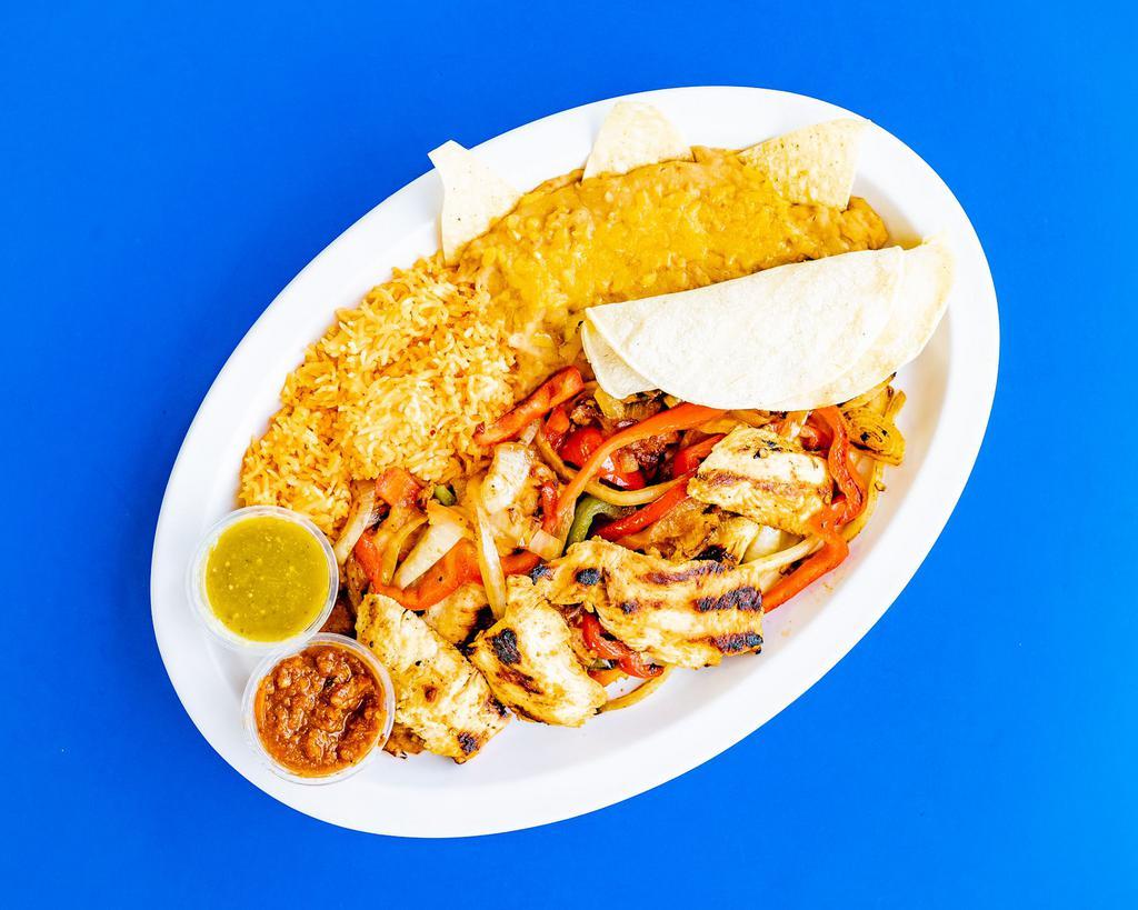Chicken Fajitas · Grilled chicken breast with red and green bell peppers and onions, served with home-made rice, refried beans, and choice of corn or flour tortillas.