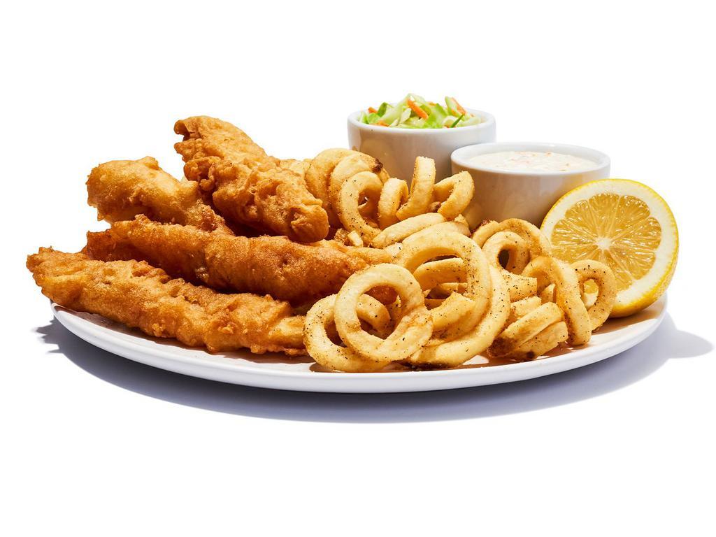Fish ＆ Chips · Battered and fried to crispy perfection, guv’ner. Served with housemade coleslaw and your choice of fries and tartar sauce. Substitute fries with onion rings or side salad.