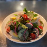 Freight to Plate Salad · Fulton market heirloom greens, cucumber, tomato, pickled red onion, hardboiled egg, radish, ...