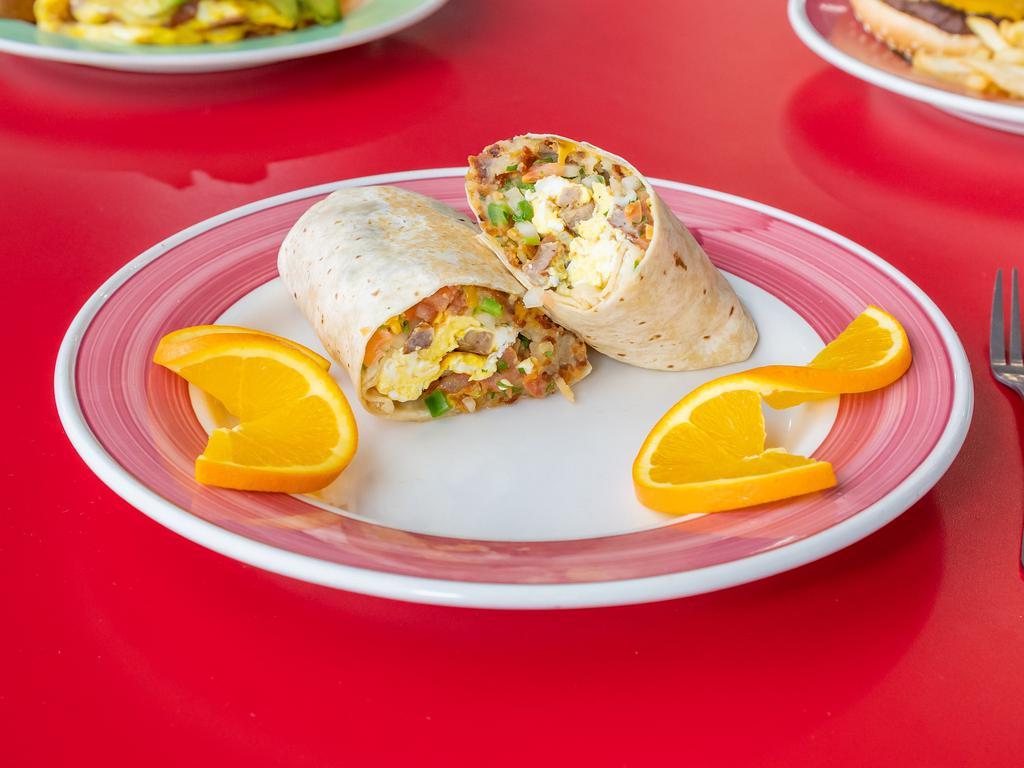 Breakfast Burrito · Served w/ your choice of meat., cheese, salsa and hash-brows inside.