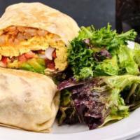 Avocado Breakfast Burrito. · Three eggs scrambled, cheddar, hand-cut fries, pico de gallo, flour tortilla, choice of side