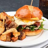 The Chub.. · Bacon, brie, american cheese, one egg, arugula, tomato, bacon jam, jalapeño aioli, sodo bun,...