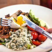 Cobb Salad.. · Grilled chicken thigh, boiled egg, bacon, bleu cheese, avocado, tomato, romaine hearts, red ...