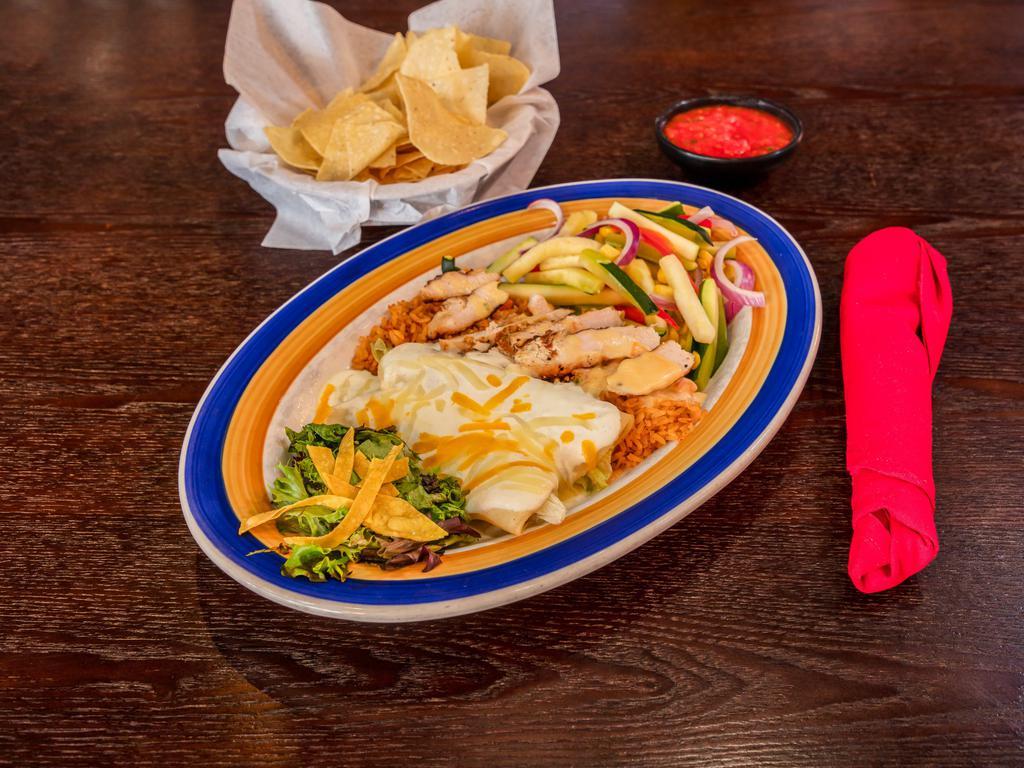 Chicken and Enchiladas · A 1/4 lb. of mesquite-grilled sliced fajita chicken served over grilled onions and drizzled with chili con queso, with your choice of 2 enchiladas and any sauce. Served with Mexican rice and sauteed veggies.