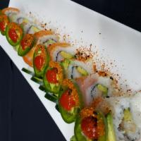 El Toro Roll · Shrimp tempura, crab stick & avocado. Topped w/ salmon, yellow tail, avocado, jalapeno slice...