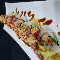 Fuji Roll · Shrimp salad & jalapeno. Topped w/ pepper tuna, avocado, sriracha, eel sauce & tempura flakes.