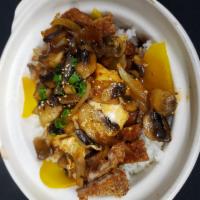 Katsu Don · Panko battered protein, fried egg, mushrooms, onions, pickled daikon & house tonkatsu sauce ...