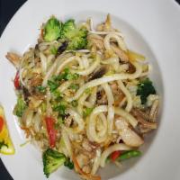Yaki-Udon · Stir fried noodles & veggies w/ choice of protein.