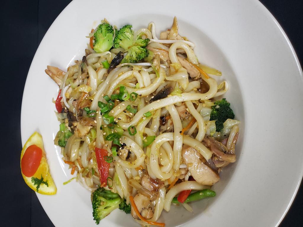 Yaki-Udon · Stir fried noodles & veggies w/ choice of protein.