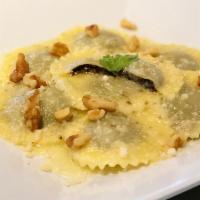 Ravioli ai Funghi · Pasta: Filled pasta with Champignon and Porcini Mushroom, Pecorino, Parmigiano, Ricotta, Gar...