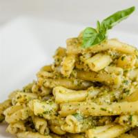 Casarecce al Pesto · Basil, pine nuts, salt, Parmigiano, Pecorino fiore Sardo, garlic, extra virgin olive oil.