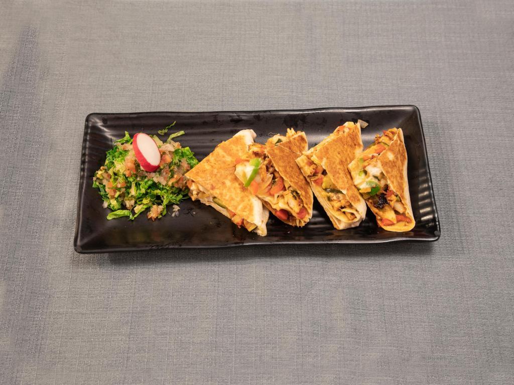 Cheese Quesadilla · Served in a flour or whole wheat tortilla with melted mozzarella cheese and pico de gallo. Includes sour cream and guacamole on the side.