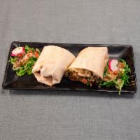 Beef Barbacoa Burrito · Chipotle beef with onions. Served with poblano rice, black beans, shredded mozzarella cheese...