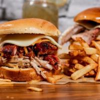 Pig Pack · Feeds 1-2. Two sandwiches and 2 sides of fries. 