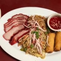 #13. BBQ Pork Combination 十三 · BBQ pork, 2 Spring rollS, pork fried and pork chow mein. COMBOS ARE PRESET, NO SUBSTITUTIONS...