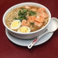 Shrimp Noodle Soup 虾汤面 · Noodle soup with shrimp and egg topped with Green onions. 