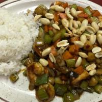 *Kung Pao Shrimp 宮保虾 · Celery, onion, green pepper, water chestnut and carrot, stir fried in house savory sauce, wi...