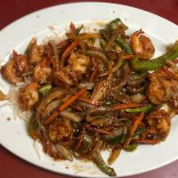 *Mongolian Shrimp 蒙古虾 · Green pepper, onion, carrots, scallions in house savory sauce. Served with steamed rice, por...
