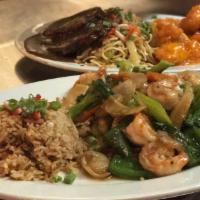 Shrimp Chow Yuk 杂菜虾 · Shrimp stir fried with Veggies: Water chestnut, carrot, mushroom, broccoli, baby corn, onion...