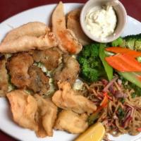 Seafood Combo 海鲜套歺 · Includes all: fried shrimp, pan fried oysters, and fried fish, plus steamed veggies, and a s...