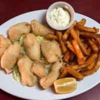#8- Fish & Chips 八, 炸鱼 · Lightly battered fish, served with steamed vegetable and seasoned french fries.