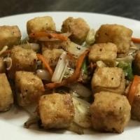 Salt & Pepper Tofu 椒盐豆付 · Lightly fried tofu, scallions, onions, carrots stir fried with salt and pepper.