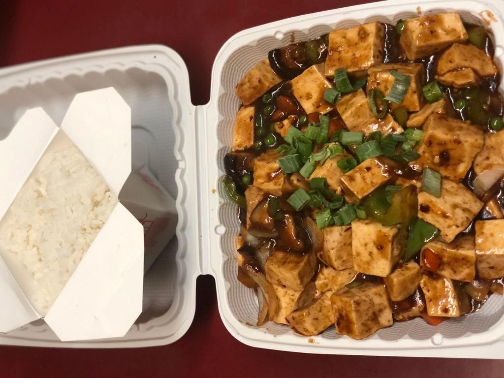 *Vegetarian MaPo Tofu 菜麻婆豆付 · Soft tofu, shiitake mushroom, chili oil, ground peppercorns stir fried in  garlic and house bean paste, topped with green onions. *Spicy