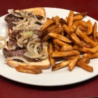 Center-Cut Steak Sandwich 牛扒三文治 · USDA Choice center-cut top sirloin and grilled onions, Served with seasoned french fries.