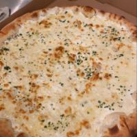 White pizza  · No red sauce on this pizza 
Mozzarella cheese , ricotta cheese and pecorino Romano cheese 