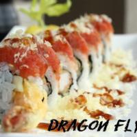 Dragon Fly Roll · Shrimp tempura, crabmeat, and cucumber, topped with spicy tuna and crunch flakes with sweet ...
