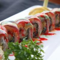 Samurai Roll · Shrimp tempura, crabmeat, and cucumber, with tuna and avocado on top with 4 kinds of sauce.
