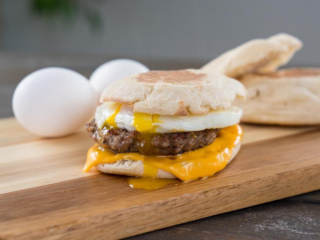 Sausage and Egg Muffin · A toasted English muffin, scrambled eggs with country sausage patties. Covered with melted cheddar cheese.
