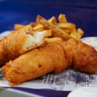 Fish & Chips · Served with homemade chipotle tartar sauce, sweet potato fries and homemade coleslaw.  
