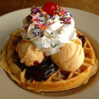 Waffle Sundae · 2 scoops of vanilla bean ice cream, shaved almonds, hot fudge topped with vanilla chantilly ...