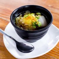 Chicken Clear Soup · Chicken with glass noodles, Napa cabbage, onions and shiitake mushrooms  