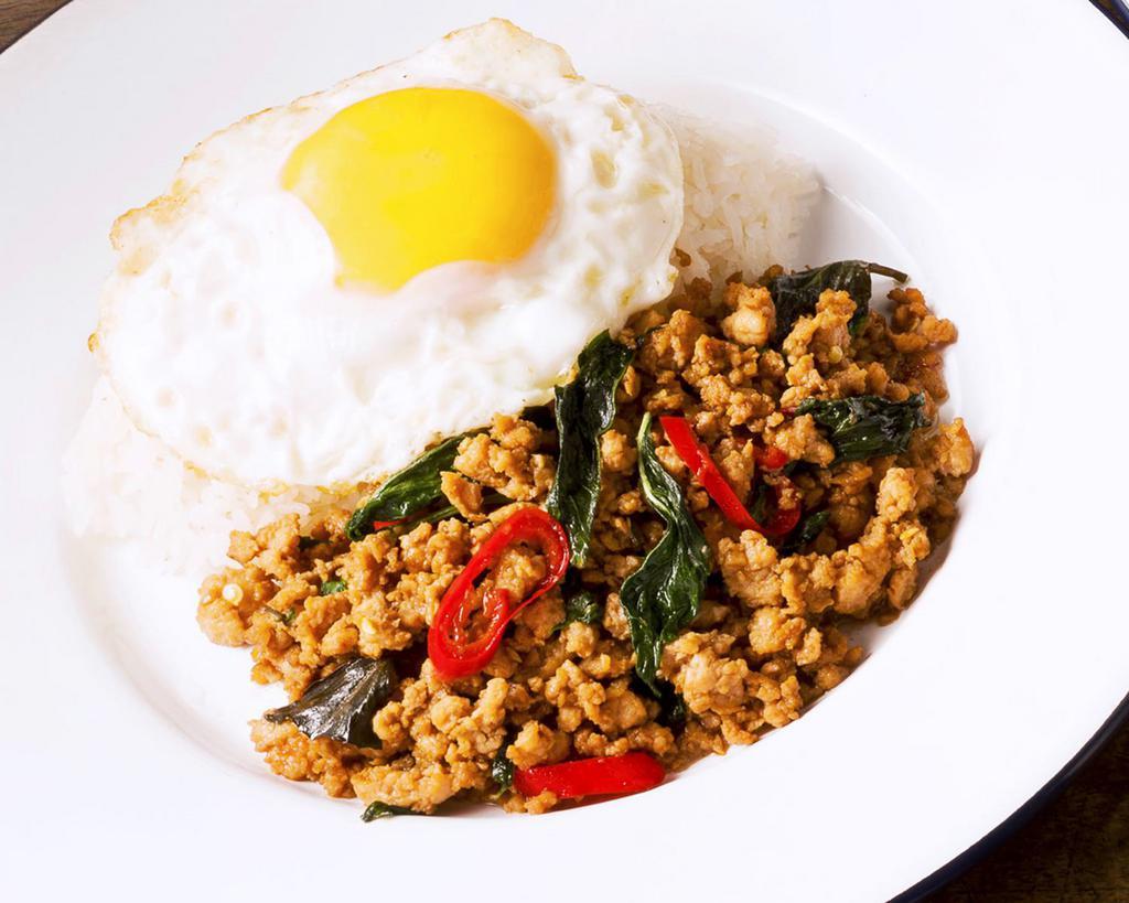 Ground Chicken Kra Pow (with Egg) · Sautéed with basil, red bell peppers, garlic, chili sauce and fried egg.