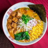 Meatless Ramen · Miso base vegetable broth served with wavy noodles. Topped with tofu, beansprouts, corn, red...