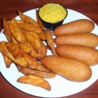 4 Pieces Corn Dog Box · 4 corn dogs and 10 oz fries. Served side of mustard.