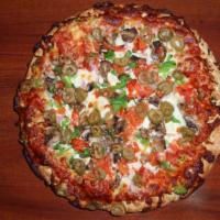 Veggie Classic Pizza · Mushrooms, red onions, green peppers, green olives and tomatoes. Vegetarian.