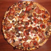 Meat Eater Pizza · Pepperoni, ham, Italian sausage, ground beef and bacon.