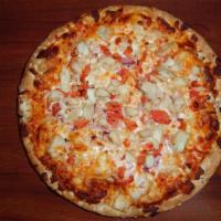 Buffalo Chicken Pizza · Spicy buffalo sauce, chicken, bleu cheese, onions and tomatoes.